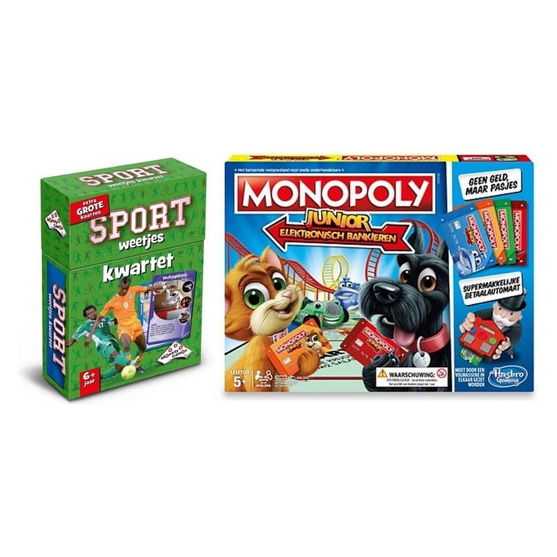 Foto van Spellenbundel - 2 stuks - kwartet sport weetjes & monopoly junior elektronisch bankieren