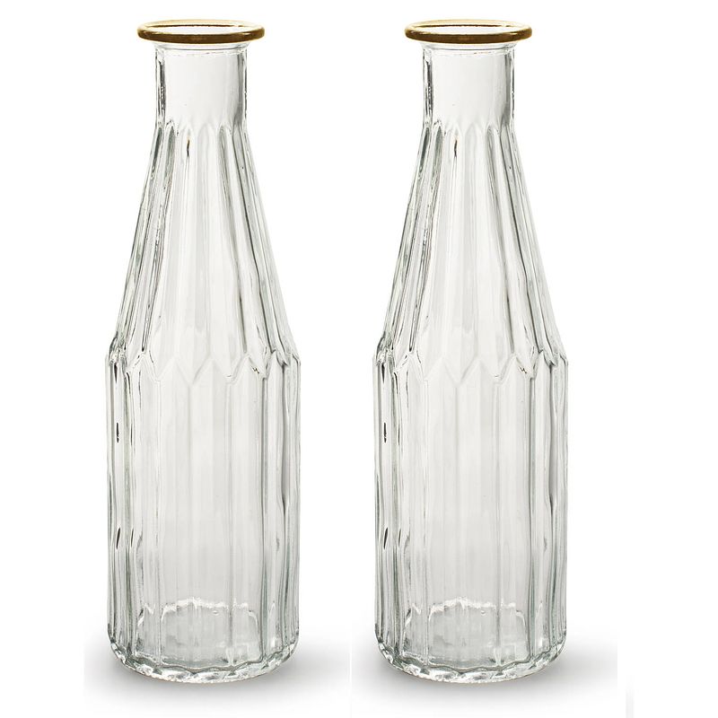 Foto van Jodeco - bloemenvaas marseille - 2x - fles model - glas - transparant/goud - h25 x d7 cm - vazen