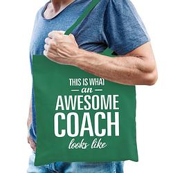 Foto van Cadeau tas voor coach/trainer - groen - katoen - 42 x 38 cm - geweldige coach - feest boodschappentassen