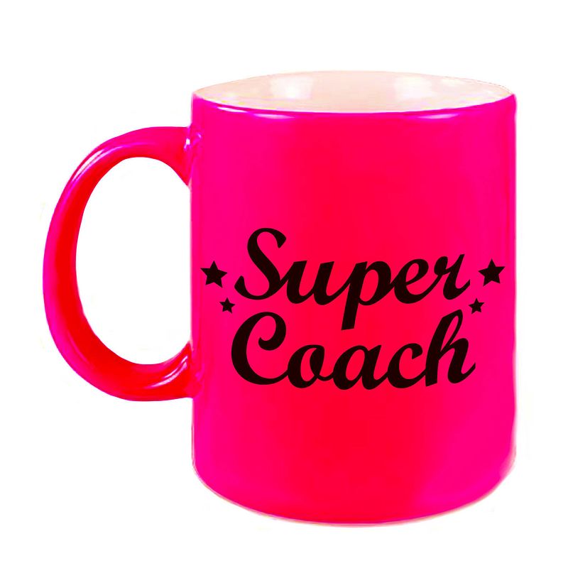 Foto van Super coach mok / beker neon roze 330 ml - feest mokken