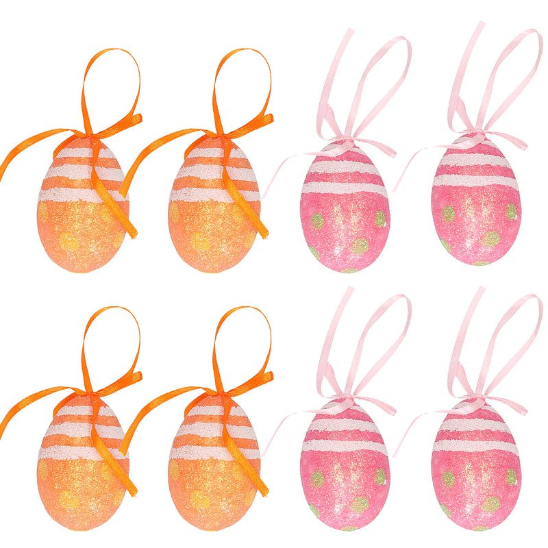 Foto van Decoratie paaseieren hangend - 12x stuks - oranje/roze - piepschuim - 6 cm - feestdecoratievoorwerp