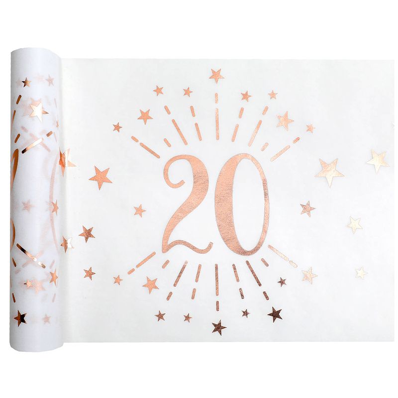 Foto van Tafelloper op rol - 20 jaar verjaardag - wit/rose goud - 30 x 500 cm - polyester - feesttafelkleden