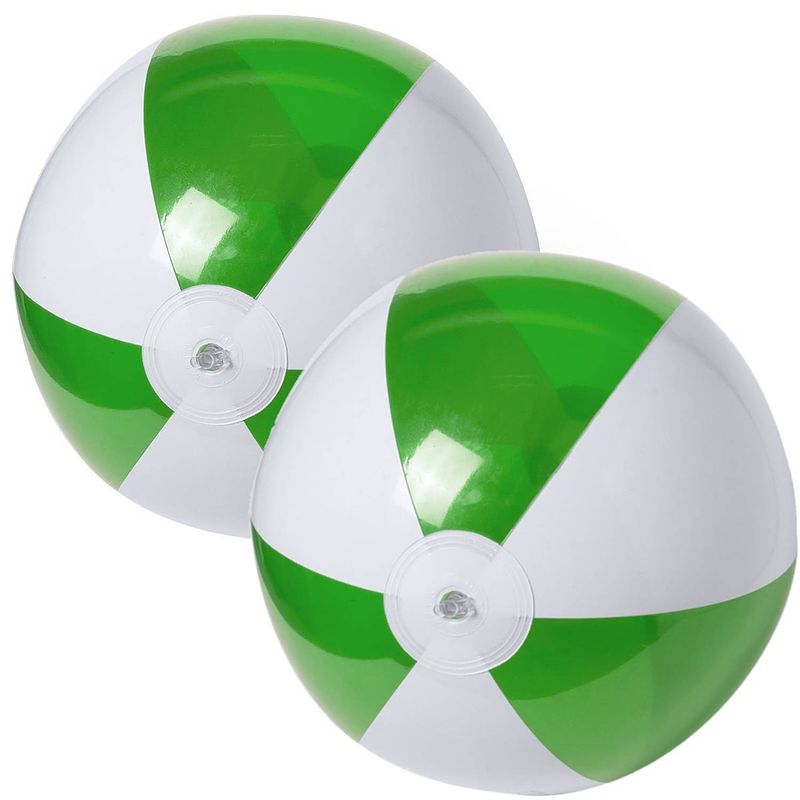 Foto van 2x stuks opblaasbare strandballen plastic groen/wit 28 cm - strandballen