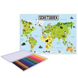 Foto van A4 aarde/wereldmap schetsboek/ tekenboek/ kleurboek/ schetsblok wit papier met 36x kleurpotloden - schetsboeken