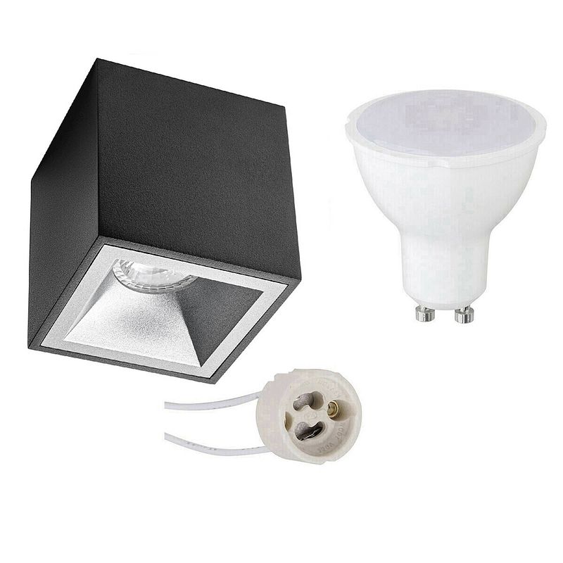 Foto van Opbouwspot set - pragmi cliron pro - gu10 fitting - opbouw vierkant - mat zwart/zilver - 6w - helder/koud wit 6400k -