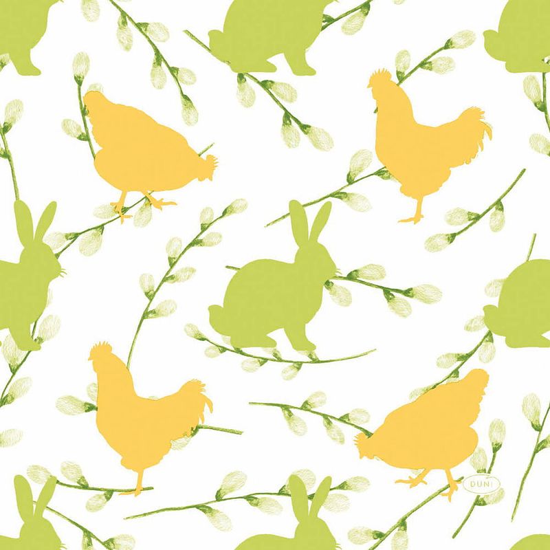 Foto van 20x stuks pasen servetten konijnen en hanen geel / groen - 33 x 33 cm - pasen thema papieren tafeldecoraties