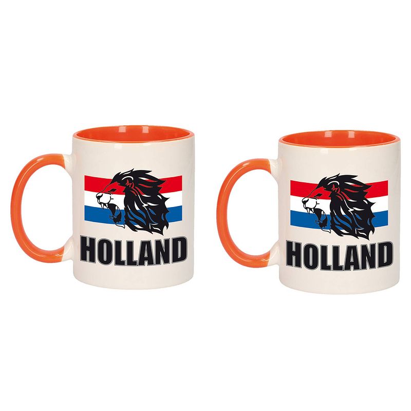 Foto van 2x stuks holland leeuw silhouette mok/ beker oranje wit 300 ml - feest mokken