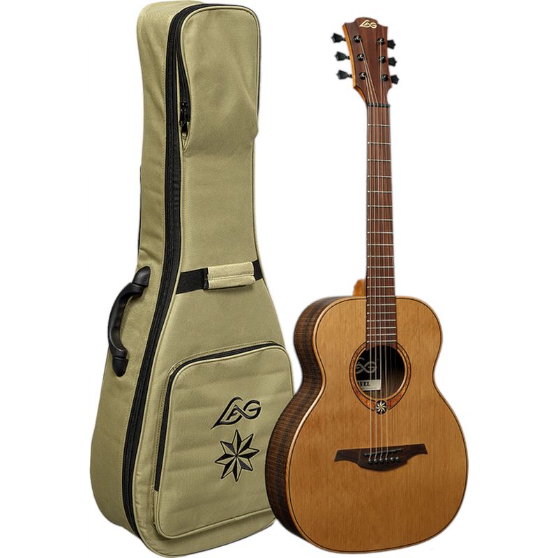 Foto van Lag guitars sauvage travel red cedar westerngitaar met gigbag