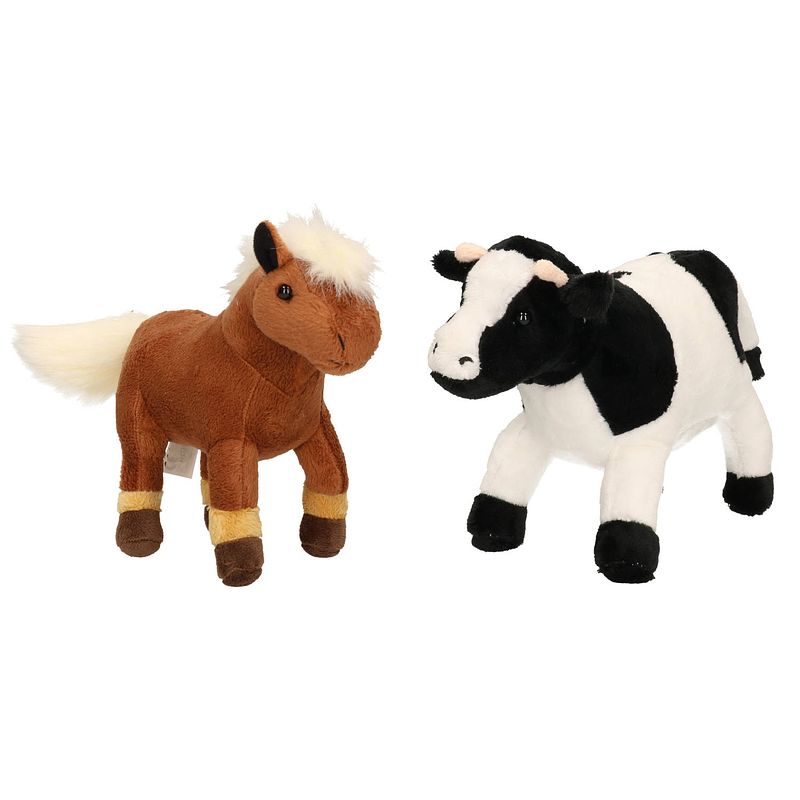 Foto van Pluche knuffel boerderijdieren set koe en paard van 20 cm - knuffel boederijdieren