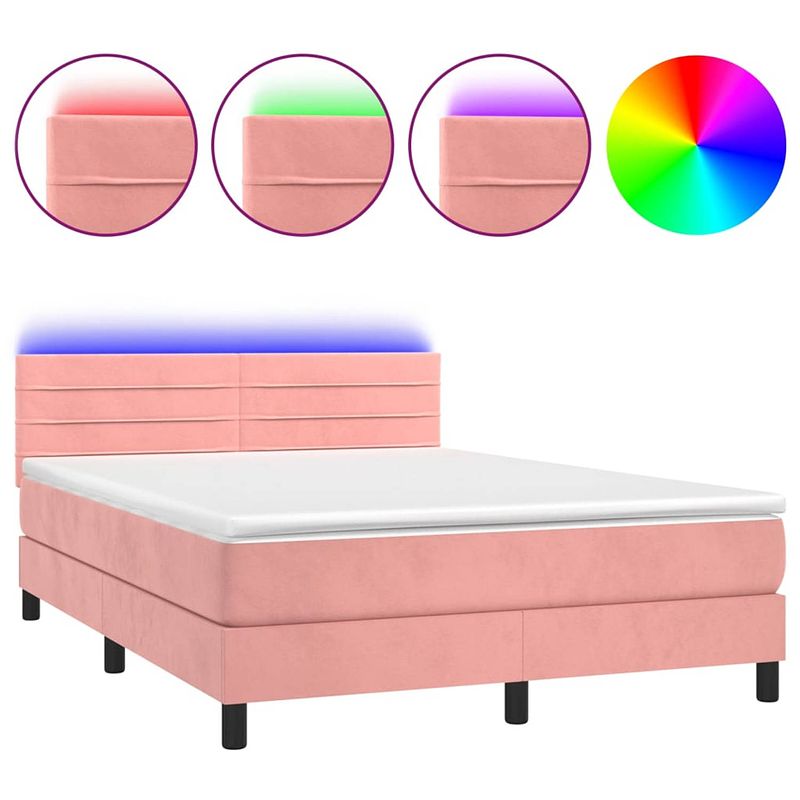 Foto van The living store boxspring met matras en led fluweel roze 140x190 cm - bed