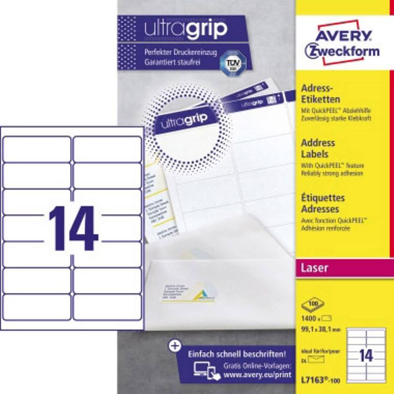 Foto van Avery-zweckform l7163-100 etiketten 99.1 x 38.1 mm papier wit 1400 stuk(s) permanent adresetiketten, universele etiketten inkt, laser, kopie 100 vel din a4