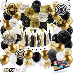 Foto van Fissaly® 94 stuks goud, zwart & wit decoratie feestpakket met ballonnen - versiering - papieren confetti - latex