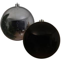 Foto van 2x stuks grote kerstballen van 20 cm glans van kunststof zwart en zilver - kerstbal