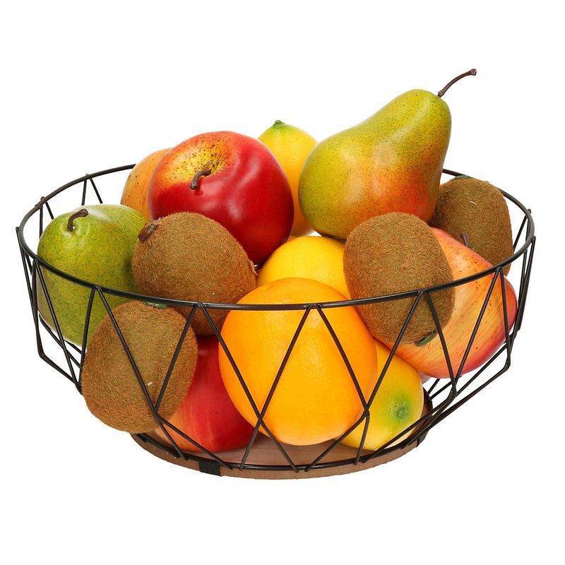 Foto van Fruitschaal/fruitmand rond zwart metaal/hout 28 cm - fruitschalen