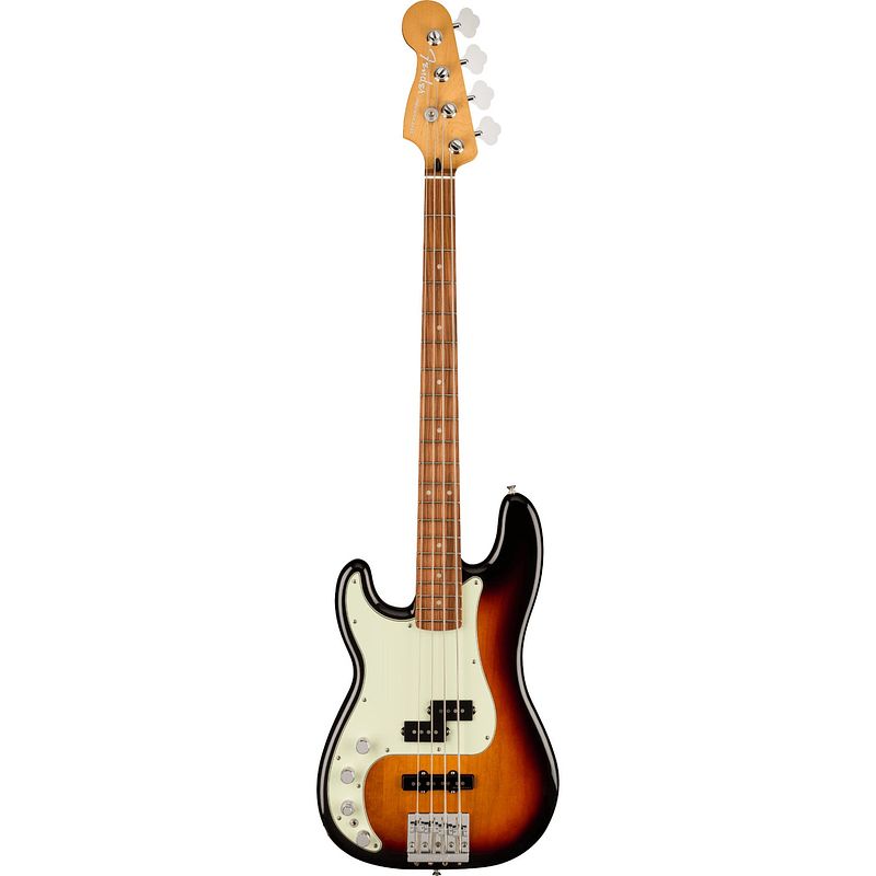 Foto van Fender player plus precision bass lh 3-tone sunburst pf linkshandige elektrische basgitaar met deluxe gigbag