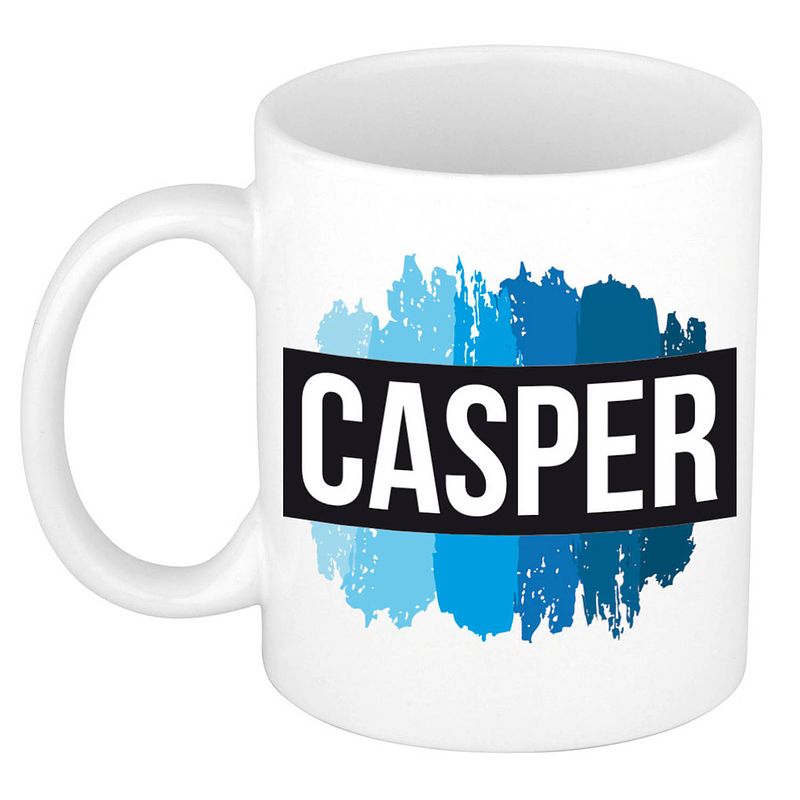 Foto van Naam cadeau mok / beker casper met blauwe verfstrepen 300 ml - naam mokken