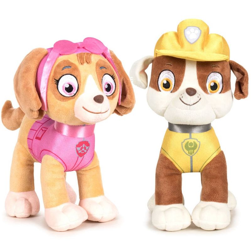 Foto van Paw patrol figuren speelgoed knuffels set van 2x karakters skye en rubble 19 cm - knuffeldier