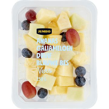 Foto van Jumbo fruitstukjes ananas, galiameloen, druif & blauwe bes 250g