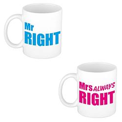 Foto van Mr right en mrs always right cadeau mok / beker wit met blauwe en roze letters 300 ml - feest mokken