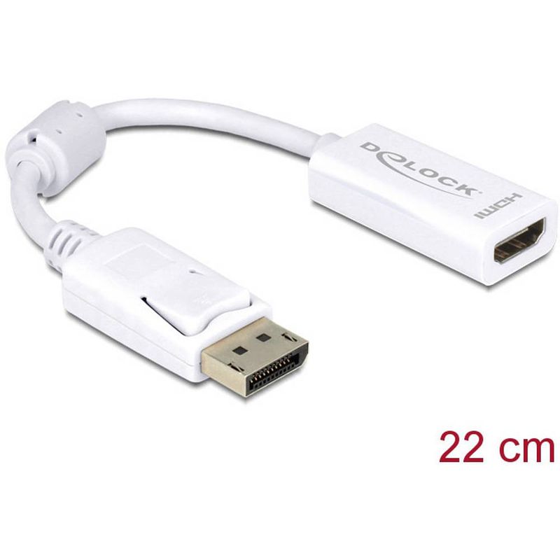 Foto van Delock 61767 displayport / hdmi adapter [1x displayport stekker - 1x hdmi-bus] wit met ferrietkern 12.00 cm