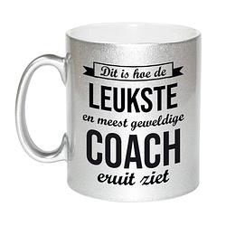 Foto van Zilveren leukste en meest geweldige coach cadeau koffiemok / theebeker 330 ml - feest mokken