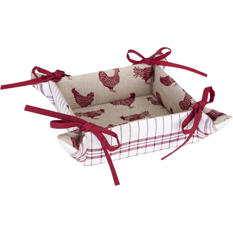 Foto van Clayre & eef - broodmand - landelijk - geruit - kippen & hanen - country side chicken - 20 x 20 x 8 cm - beige / rood