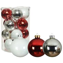 Foto van 18x stuks glazen kerstballen wit, rood en zilver glans 8 cm - kerstbal