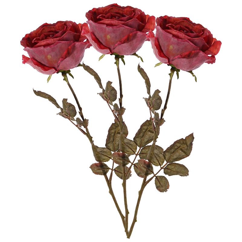 Foto van Top art kunstbloem roos calista - 3x - rood - 66 cm - kunststof steel - decoratie bloemen - kunstbloemen