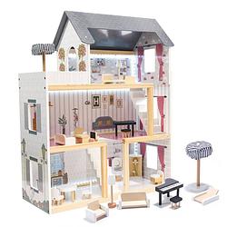 Foto van Zeer luxe grote houten poppenhuis/ speelhuis met meubels met led verlichting 78 cm