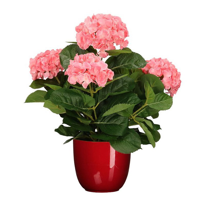 Foto van Hortensia kunstplant/kunstbloemen 45 cm - roze - in pot rood glans - kunstplanten