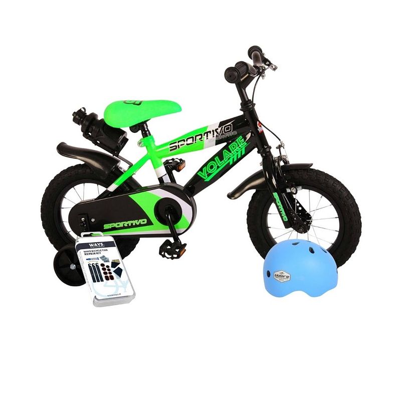 Foto van Volare kinderfiets sportivo - 12 inch - groen/zwart - inclusief fietshelm & accessoires