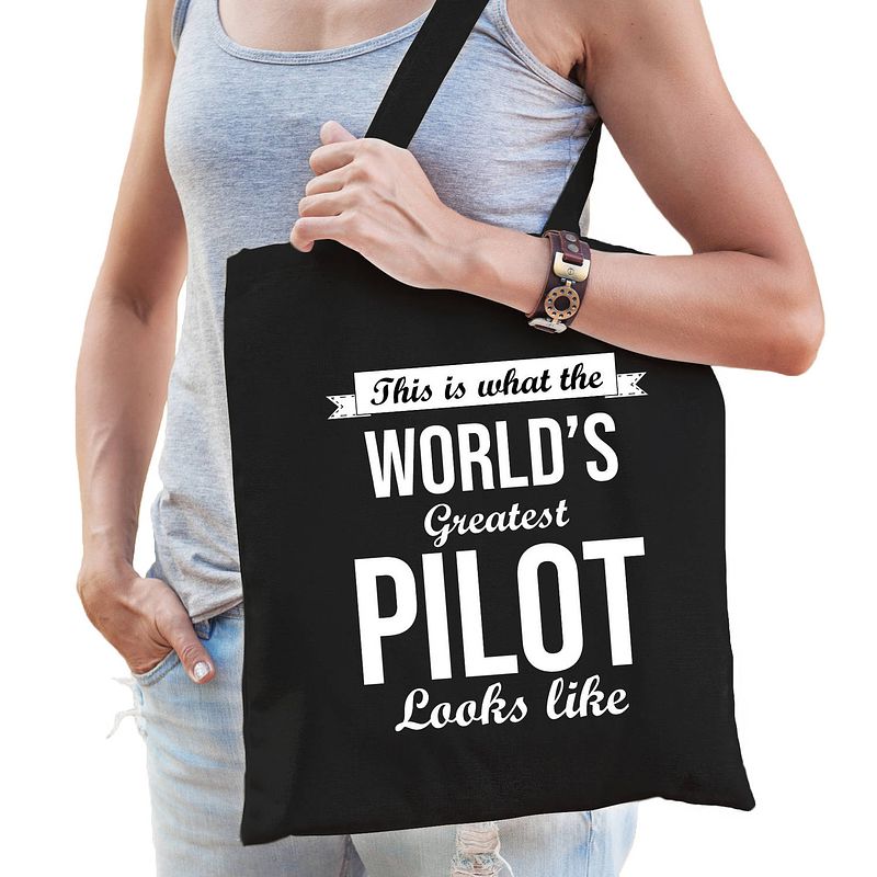 Foto van Worlds greatest pilot tas zwart volwassenen - werelds beste piloot cadeau tas - feest boodschappentassen