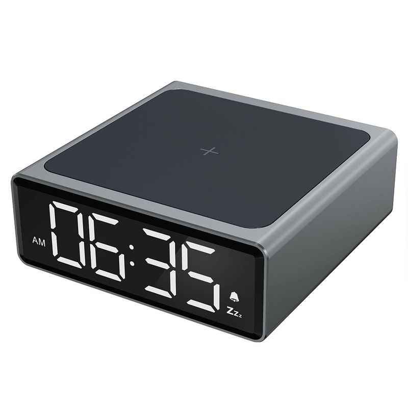 Foto van Iqonic digitale wekker - met draadloze oplader - dimbaar - incl. snoer - alarmklok digitaal - zwart