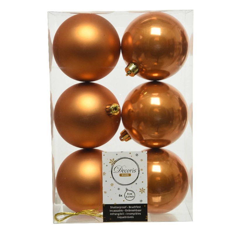 Foto van 6x stuks kunststof kerstballen cognac bruin (amber) 8 cm glans/mat - kerstbal