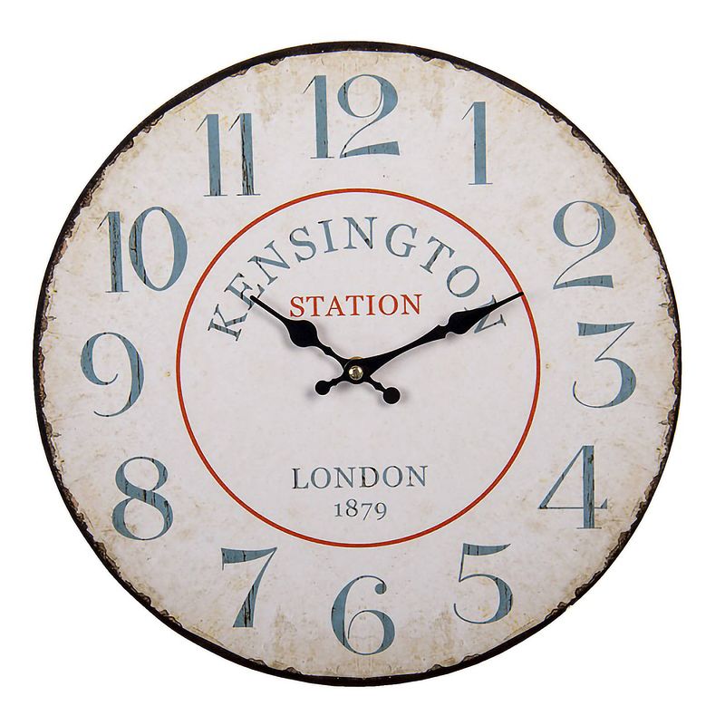 Foto van Haes deco - wandklok 34 cm vintage wit met tekst kensington station - wijzerplaat met cijfers - ronde mdf klok