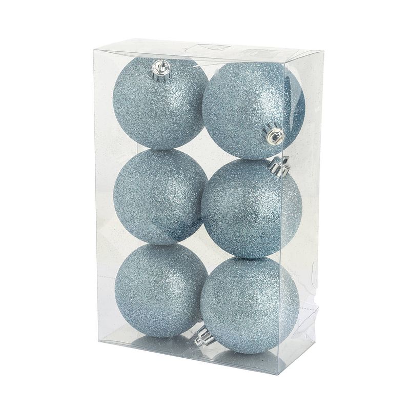 Foto van 6x stuks kunststof glitter kerstballen ijsblauw 8 cm - kerstbal