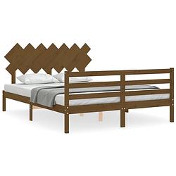 Foto van The living store bed vuren hout - 205.5 x 155.5 cm - multiplex lattenbodem - honingbruin