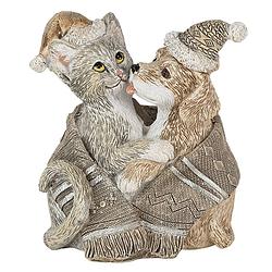 Foto van Clayre & eef kerstdecoratie beeld kat en hond 8*5*9 cm grijs wit kunststof decoratief figuur decoratieve accessoires