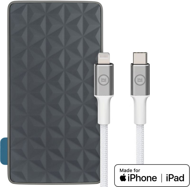 Foto van Xtorm powerbank met snelladen 20.000 mah + bluebuilt lightning kabel 1,5m nylon wit