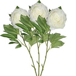 Foto van Mica decorations kunstbloem pioenroos - 3x - creme - 76 cm - polyester - decoratie bloemen - kunstbloemen