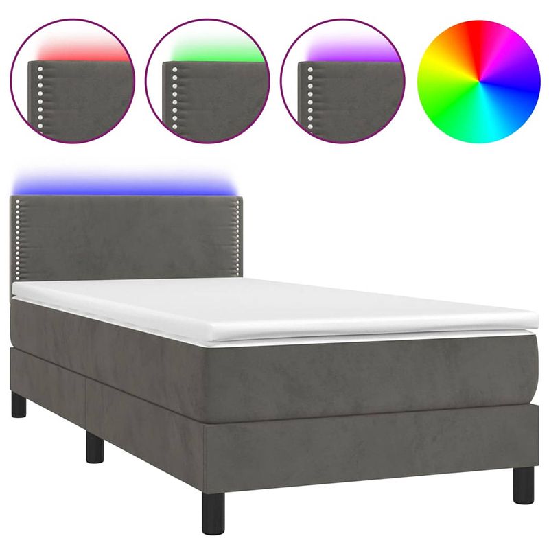 Foto van The living store boxspring - fluweel - led - pocketvering - topmatras - 203x80x78/88 cm donkergrijs