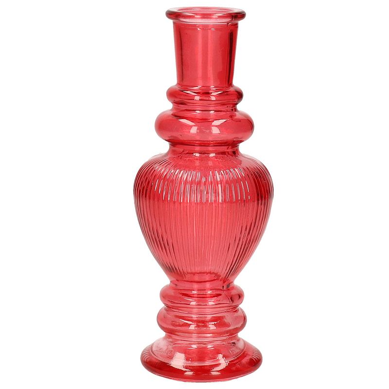 Foto van Ideas 4 seasons bloemenvaas venice - voor kleine stelen/boeketten - gekleurd sierglas - ribbel koraal rood - d5.7 x h15