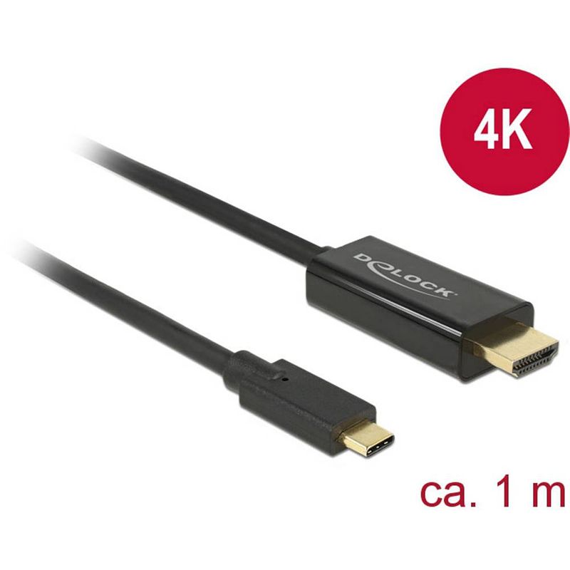 Foto van Delock usb-c® / hdmi adapterkabel usb-c® stekker, hdmi-a stekker 1.00 m zwart 85258 vergulde steekcontacten usb-c®-displaykabel