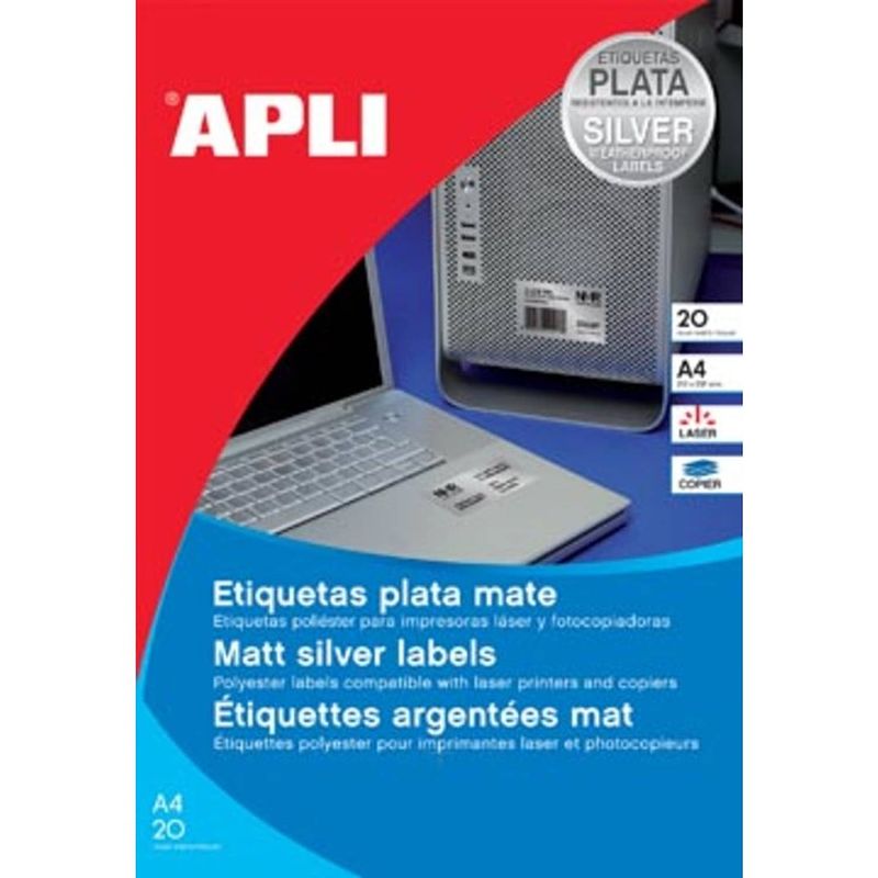 Foto van Apli etiketten ft 210 x 297 mm (b x h), 20 stuks, 1 per blad, zilver