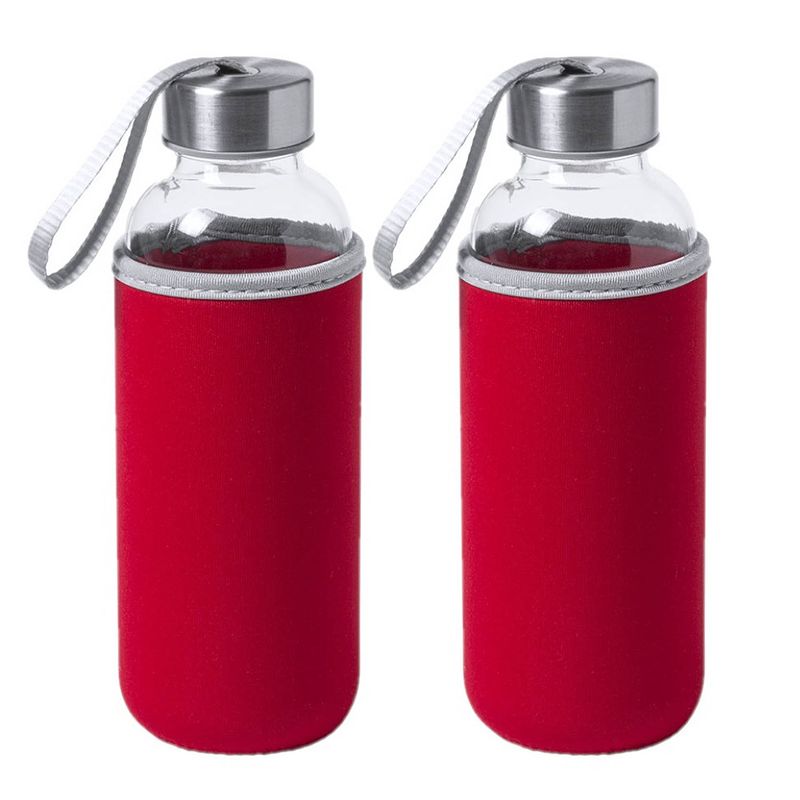 Foto van 2x stuks glazen waterfles/drinkfles met rode softshell bescherm hoes 420 ml - drinkflessen
