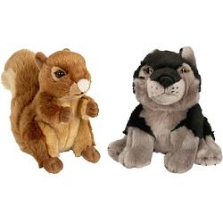 Foto van Bosdieren zachte pluche knuffels 2x stuks - eekhoorn en grijze wolf van 18 cm - knuffeldier