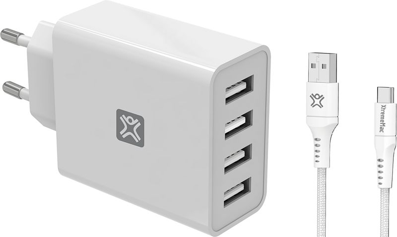 Foto van Xtrememac oplader met 4 usb poorten 12w + usb c kabel 2m nylon wit