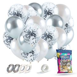 Foto van Fissaly® 40 stuks zilver, wit & zilveren papieren confetti helium latex ballonnen met accessoires - metallic chrome