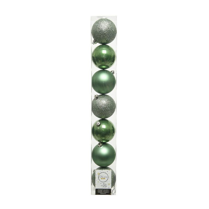 Foto van 7x stuks kunststof kerstballen salie groen(sage) 8 cm glans/mat/glitter - kerstbal