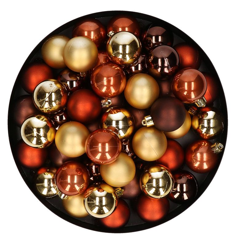 Foto van 48x stuks kunststof kerstballen mix donker bruin/terra bruin/goud 4 cm - kerstbal